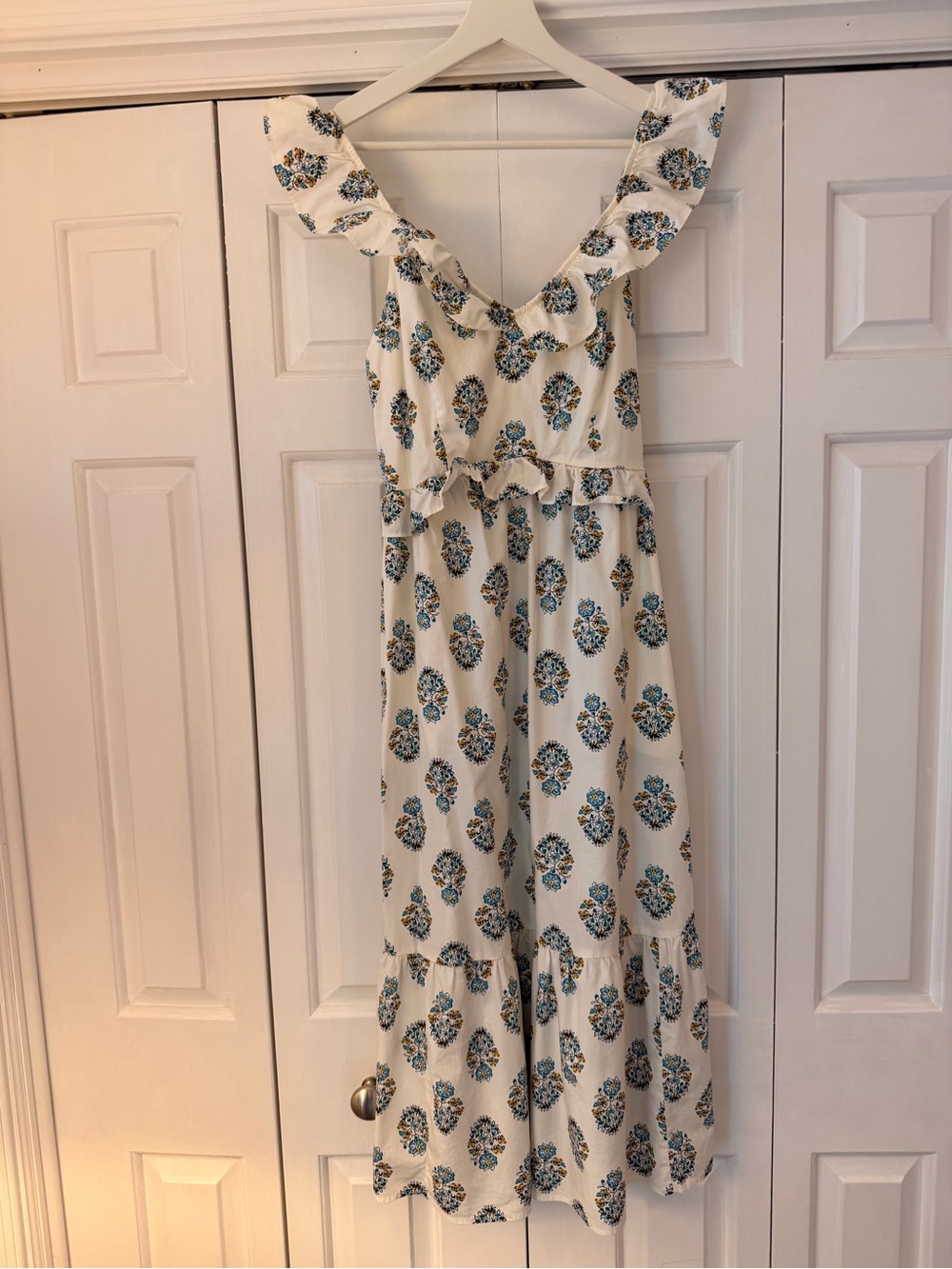 J. Crew Factory Cream Midi Dress with Blue Floral Print